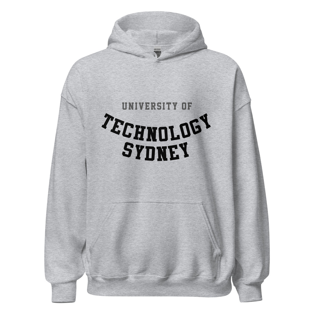 Unisex black hoodie featuring University of Technology Sydney logo printed across the front chest