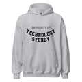 Unisex black hoodie featuring University of Technology Sydney logo printed across the front chest