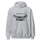 Unisex black hoodie featuring University of Technology Sydney logo printed across the front chest