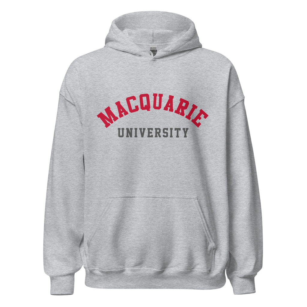 Unisex heather gray hoodie featuring Macquarie University logo printed across the front chest