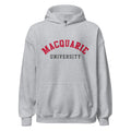 Unisex heather gray hoodie featuring Macquarie University logo printed across the front chest