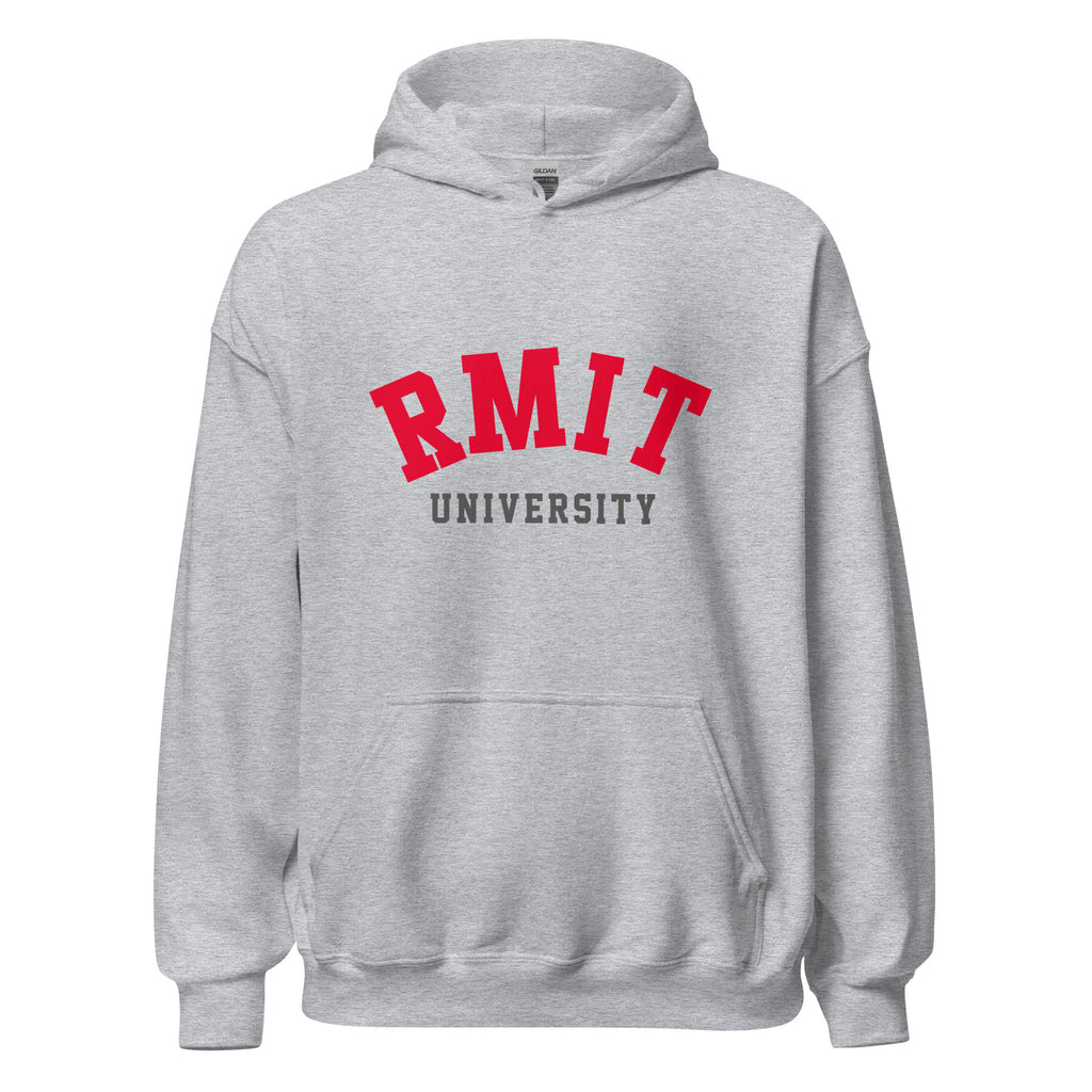 Unisex black hoodie featuring RMIT University logo printed across the front chest