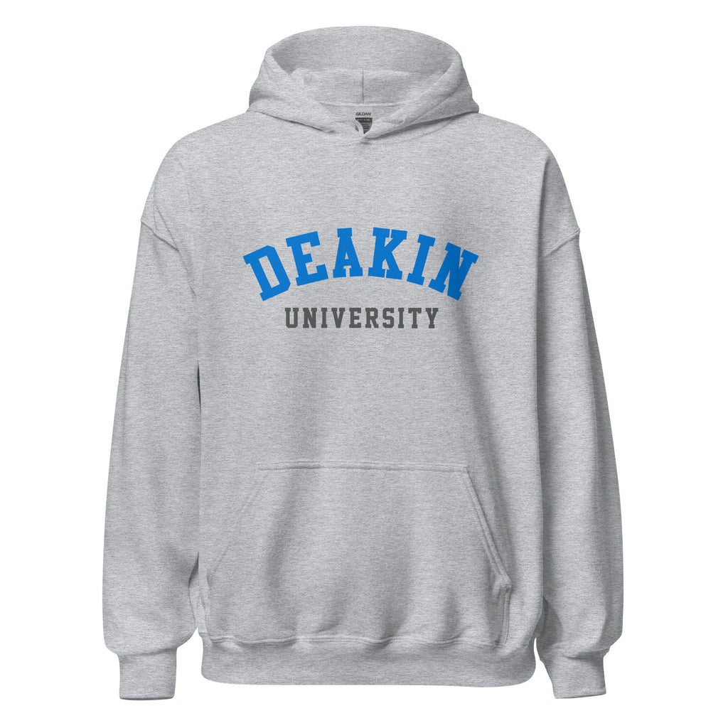 Unisex black hoodie featuring Deakin University logo printed across the front chest