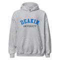 Unisex black hoodie featuring Deakin University logo printed across the front chest