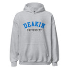 Unisex black hoodie featuring Deakin University logo printed across the front chest