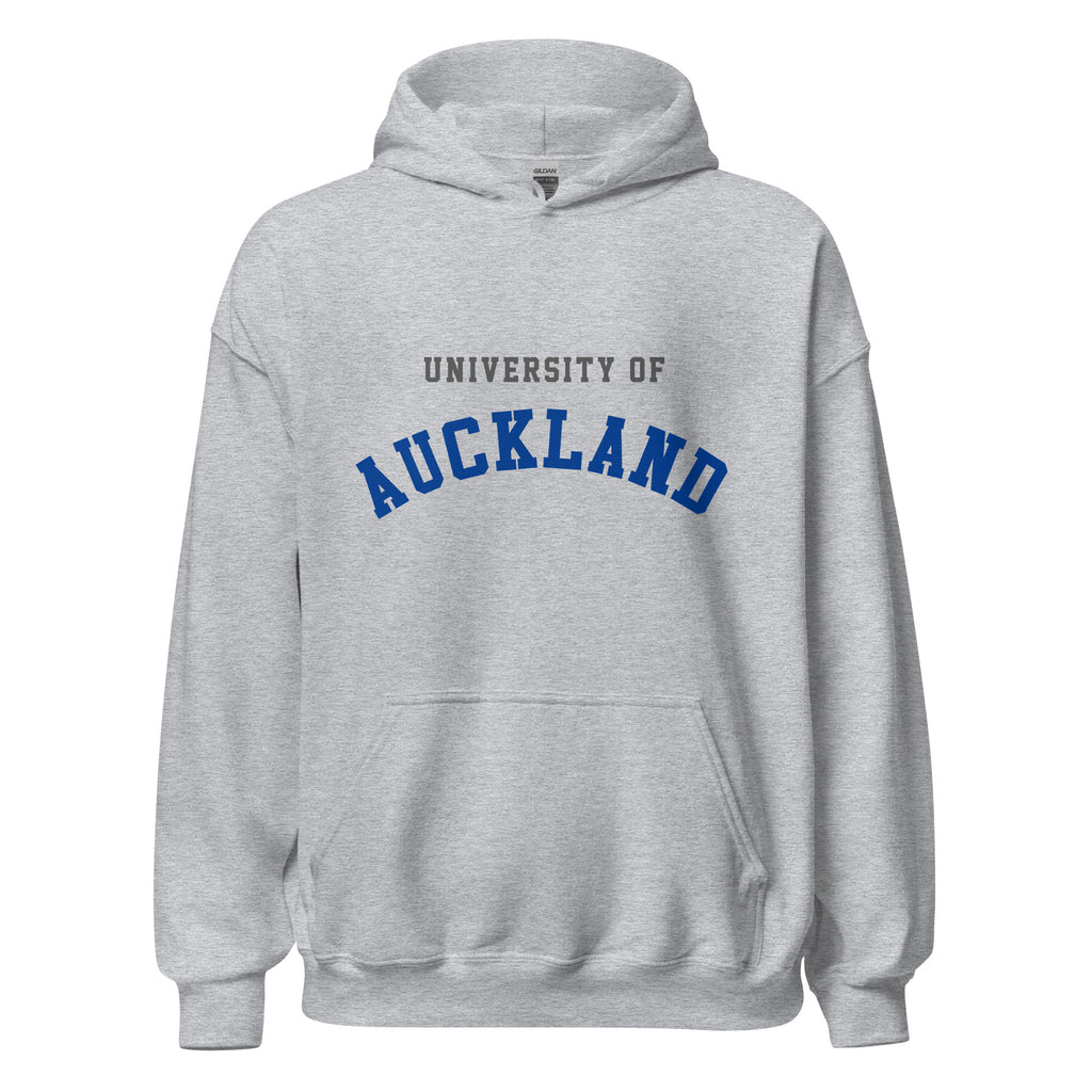 Unisex heather gray hoodie featuring University of Auckland logo printed across the front chest