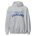 Unisex heather gray hoodie featuring University of Auckland logo printed across the front chest