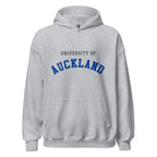 Unisex heather gray hoodie featuring University of Auckland logo printed across the front chest