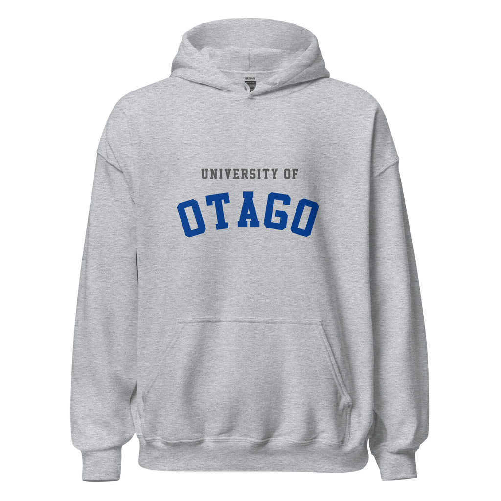 Unisex black hoodie featuring University of Otago logo printed across the front chest
