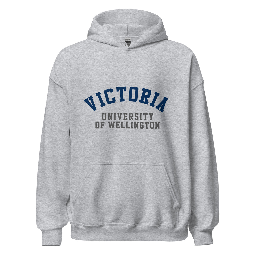 Unisex black hoodie featuring Victoria University of Wellington logo printed across the front chest