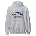 Unisex black hoodie featuring Victoria University of Wellington logo printed across the front chest