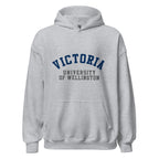 Unisex black hoodie featuring Victoria University of Wellington logo printed across the front chest
