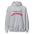 Unisex heather gray hoodie featuring University of Canterbury logo printed across the front chest