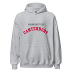 Unisex heather gray hoodie featuring University of Canterbury logo printed across the front chest