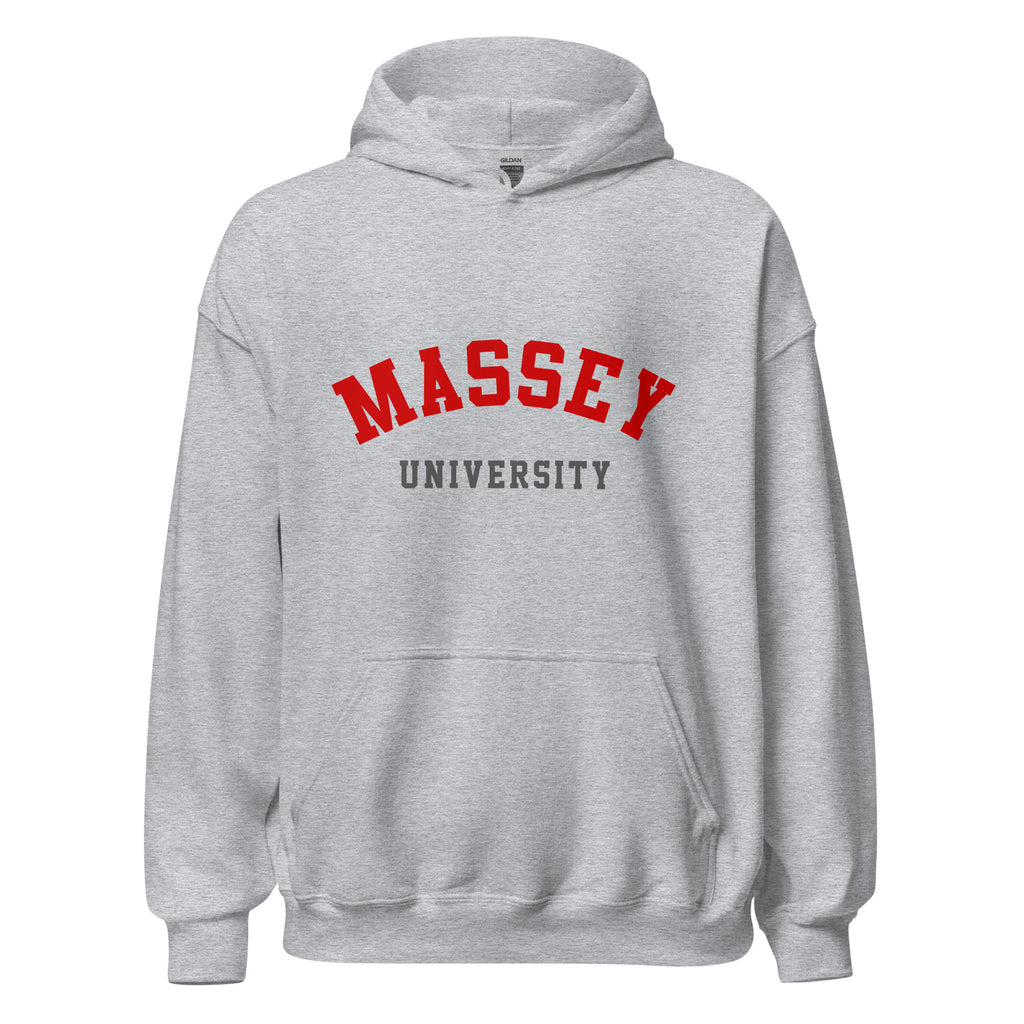 Unisex heather gray hoodie featuring Massey University logo printed across the front chest