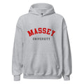 Unisex heather gray hoodie featuring Massey University logo printed across the front chest