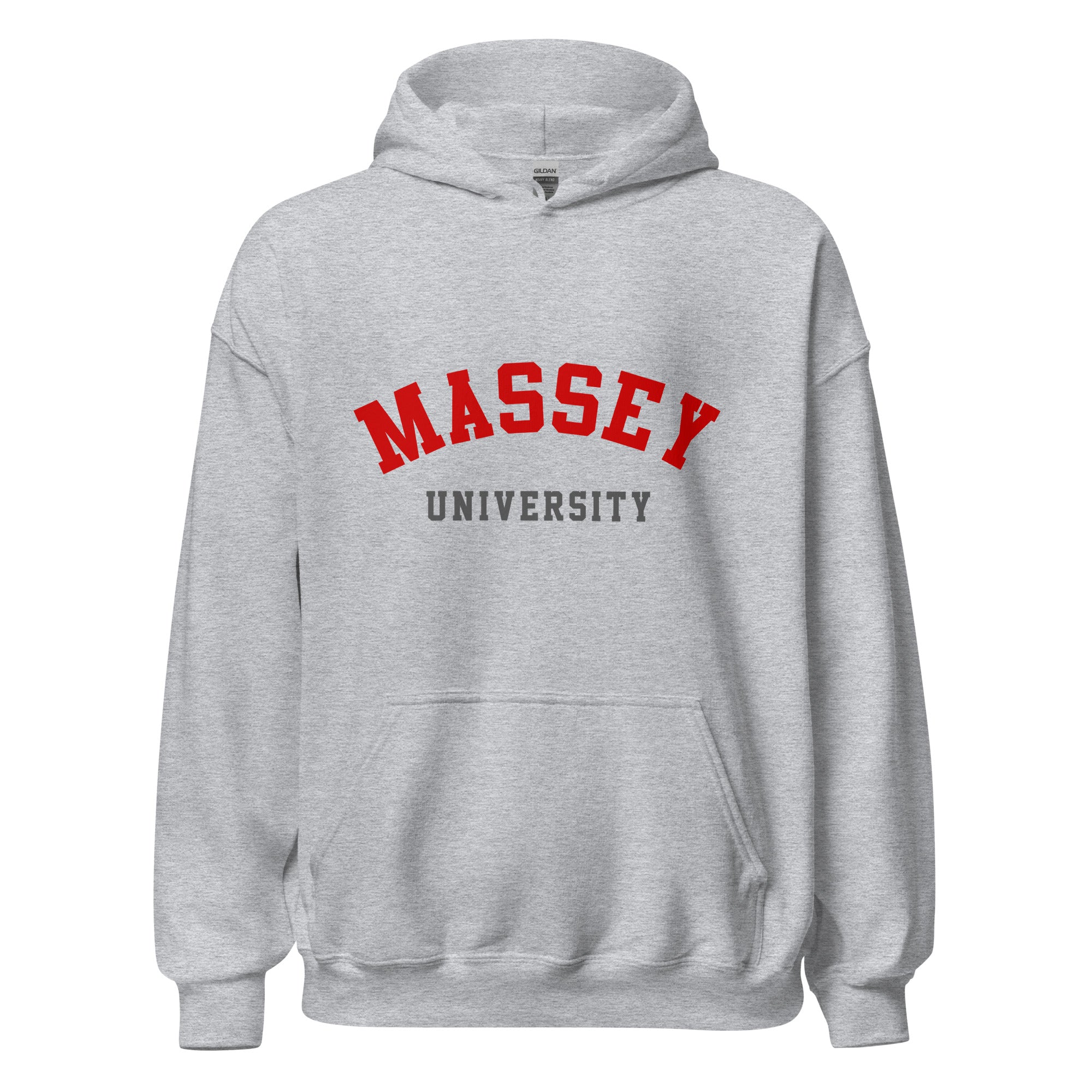 Unisex heather gray hoodie featuring Massey University logo printed across the front chest