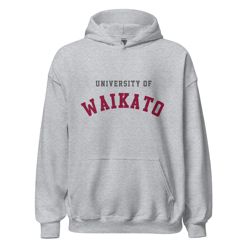 Unisex black hoodie featuring University of Waikato logo printed across the front chest