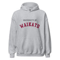 Unisex black hoodie featuring University of Waikato logo printed across the front chest