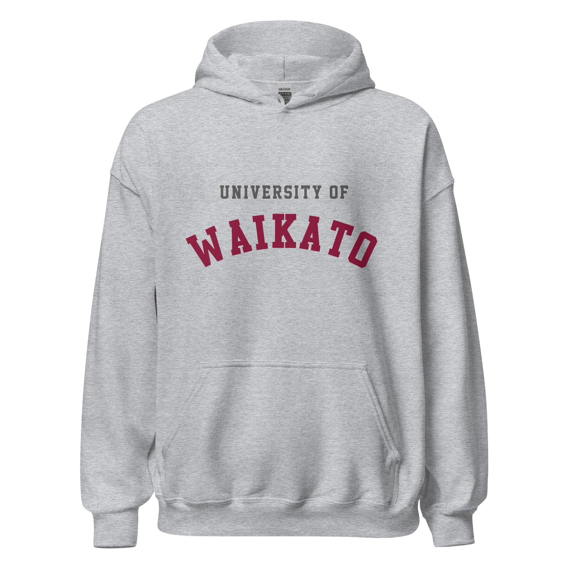 Unisex black hoodie featuring University of Waikato logo printed across the front chest
