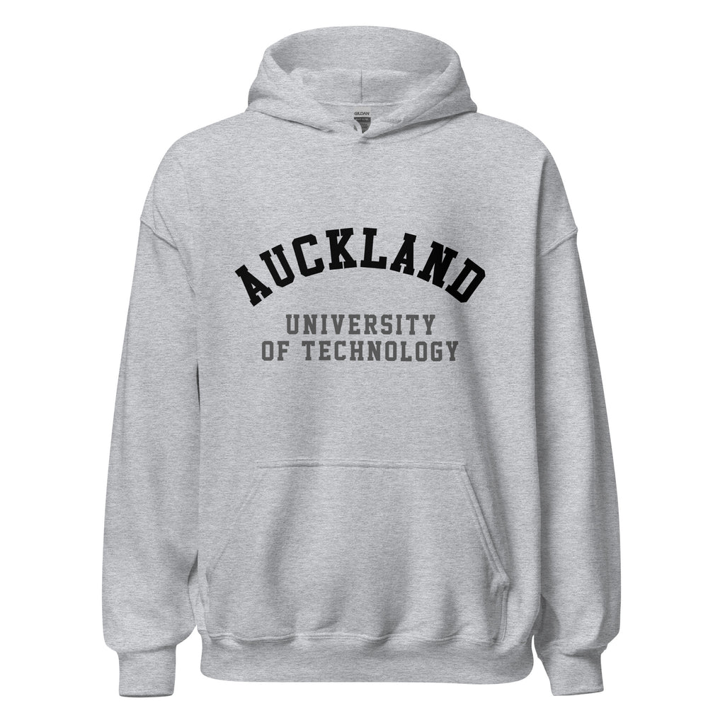 Unisex heather gray hoodie featuring Auckland University of Technology logo printed across the front chest