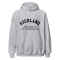 Unisex heather gray hoodie featuring Auckland University of Technology logo printed across the front chest