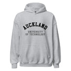 Unisex heather gray hoodie featuring Auckland University of Technology logo printed across the front chest