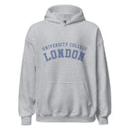 Unisex heather gray hoodie featuring University College London logo printed across the front chest