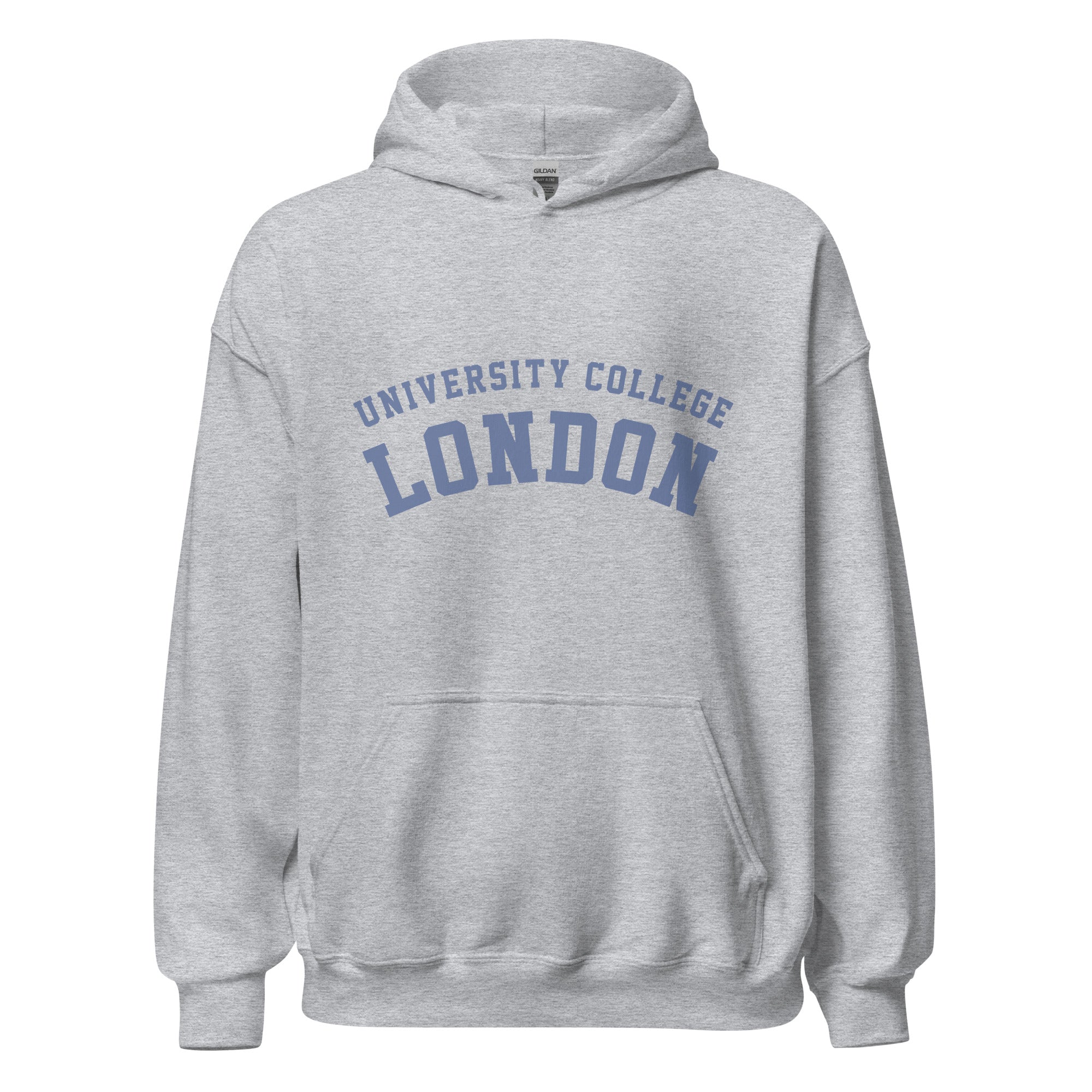 Unisex heather gray hoodie featuring University College London logo printed across the front chest
