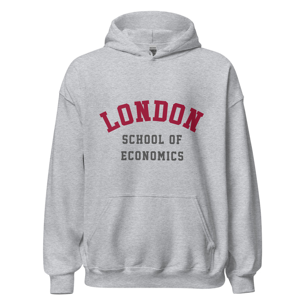 Unisex black hoodie featuring London School of Economics logo printed across the front chest