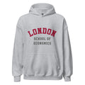 Unisex black hoodie featuring London School of Economics logo printed across the front chest