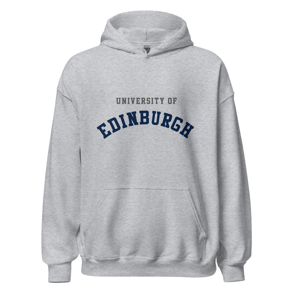 Unisex black hoodie featuring University of Edinburgh logo printed across the front chest