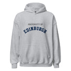 Unisex black hoodie featuring University of Edinburgh logo printed across the front chest