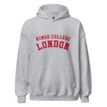 Unisex heather gray hoodie featuring King's College London logo printed across the front chest