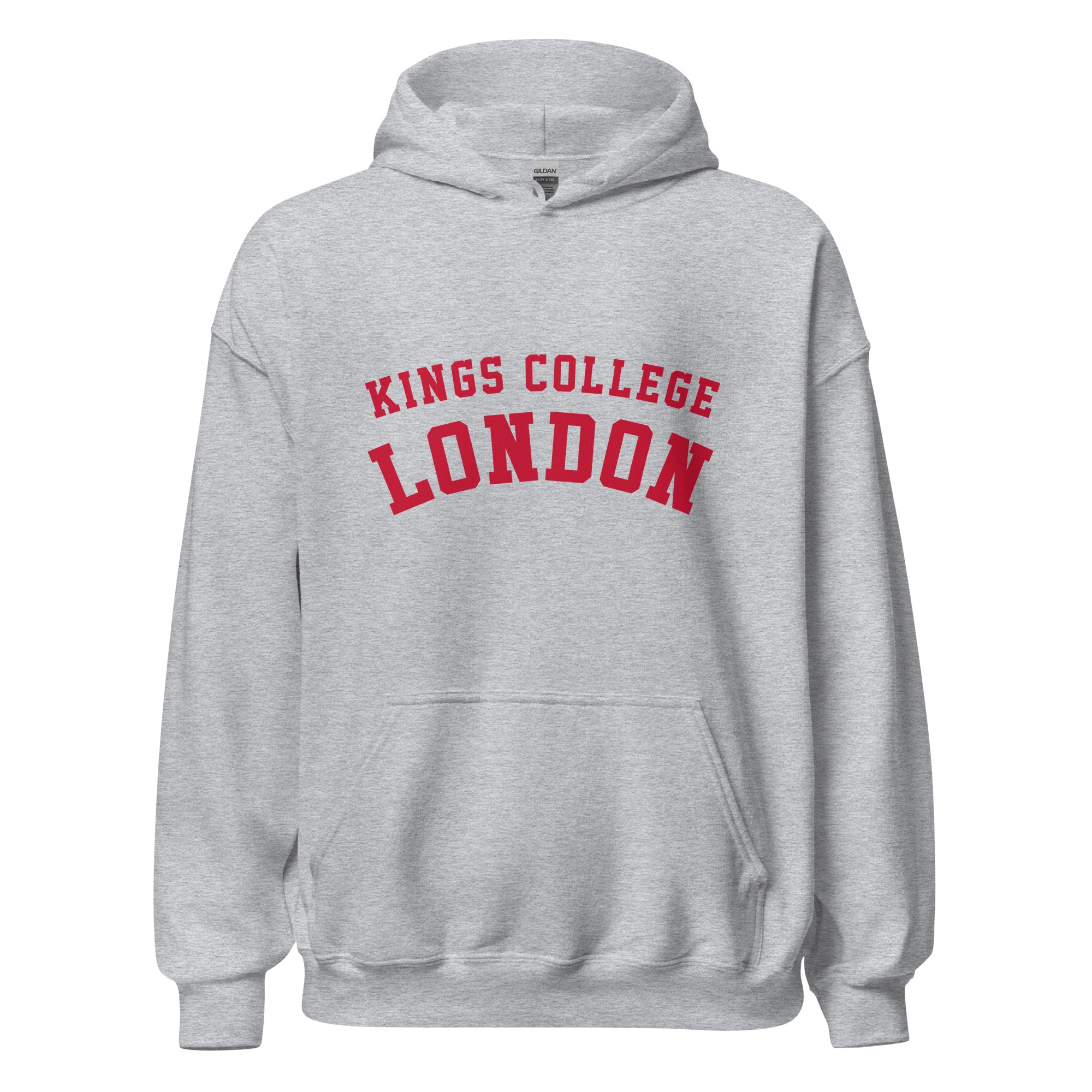 Unisex heather gray hoodie featuring King's College London logo printed across the front chest