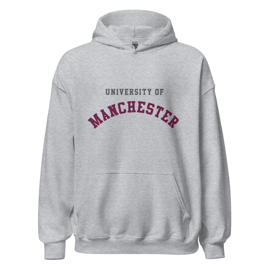 Unisex heather gray hoodie featuring University of Manchester logo printed across the front chest