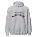 Unisex heather gray hoodie featuring University of Manchester logo printed across the front chest
