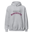 Unisex heather gray hoodie featuring University of Manchester logo printed across the front chest