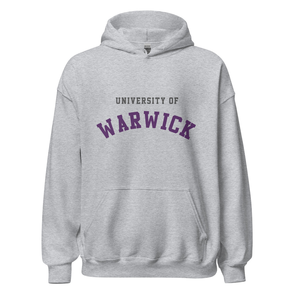 Unisex black hoodie featuring University of Warwick logo printed across the front chest