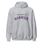 Unisex black hoodie featuring University of Warwick logo printed across the front chest