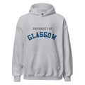 Unisex black hoodie featuring University of Glasgow logo printed across the front chest