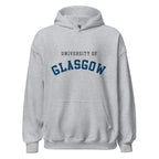 Unisex black hoodie featuring University of Glasgow logo printed across the front chest