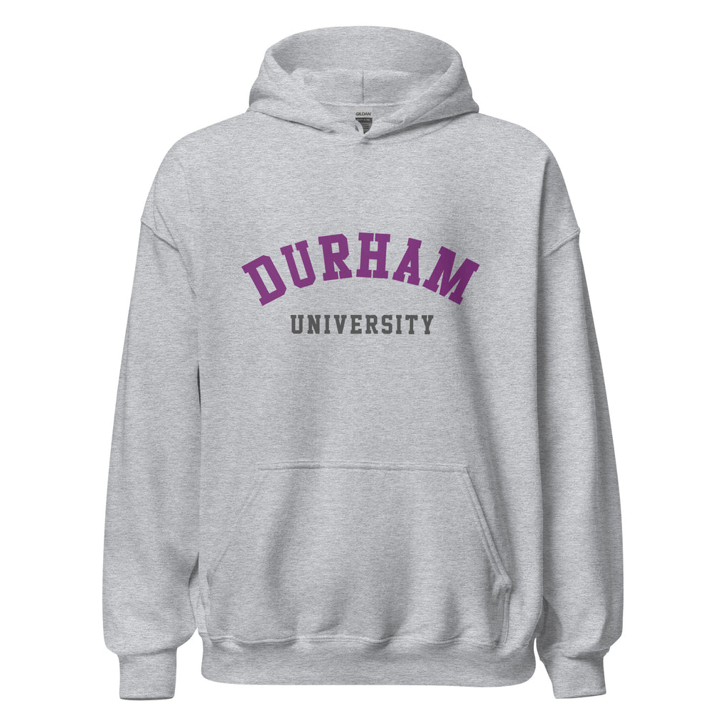Unisex black hoodie featuring Durham University logo printed across the front chest