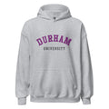 Unisex black hoodie featuring Durham University logo printed across the front chest