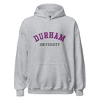 Unisex black hoodie featuring Durham University logo printed across the front chest