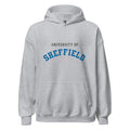 Unisex heather gray hoodie featuring University of Sheffield logo printed across the front chest