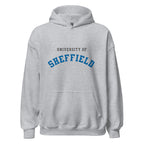 Unisex heather gray hoodie featuring University of Sheffield logo printed across the front chest