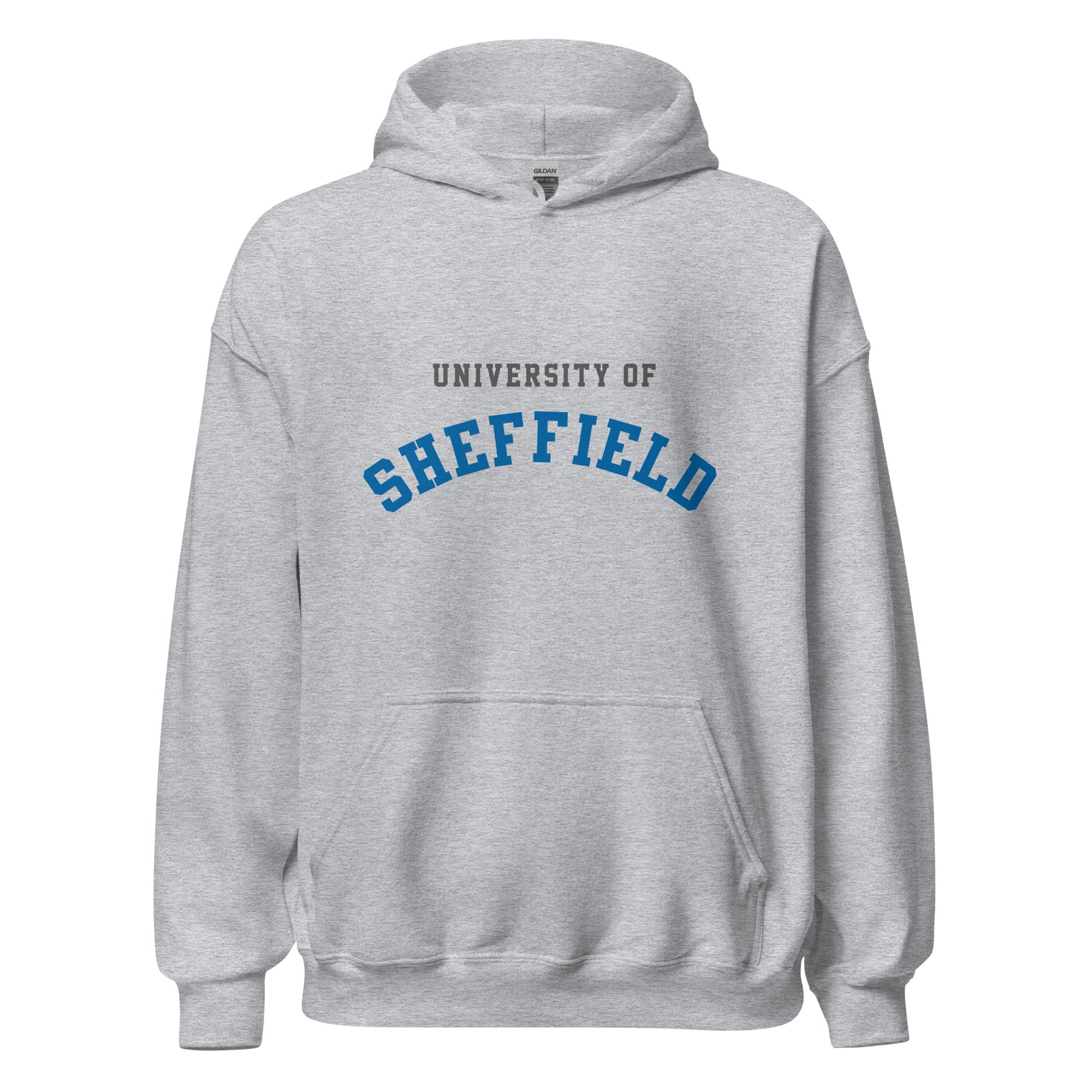 Unisex heather gray hoodie featuring University of Sheffield logo printed across the front chest