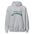 Unisex heather gray hoodie featuring University of Nottingham logo printed across the front chest