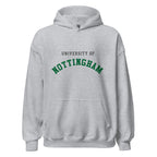 Unisex heather gray hoodie featuring University of Nottingham logo printed across the front chest